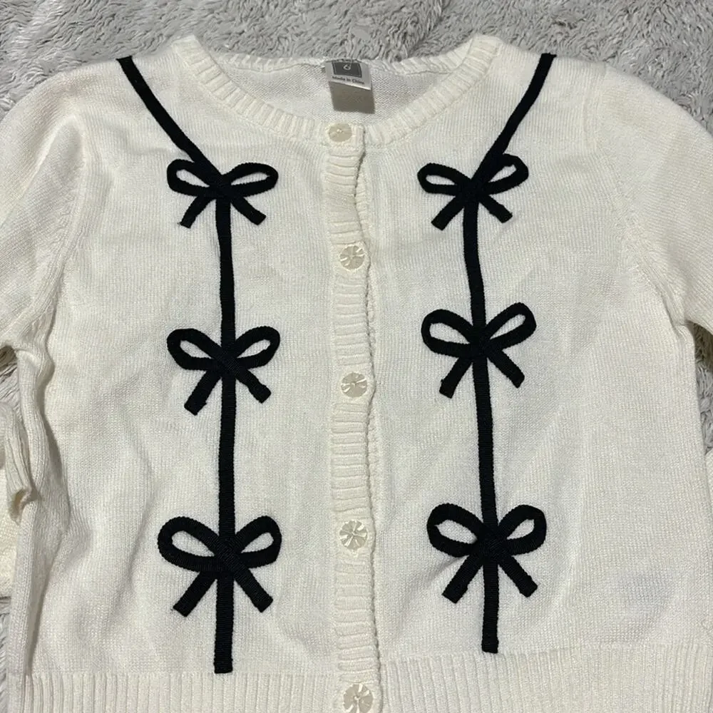 Carters 6 creamy white black bow appliqués cardigan cotton blend euc holiday